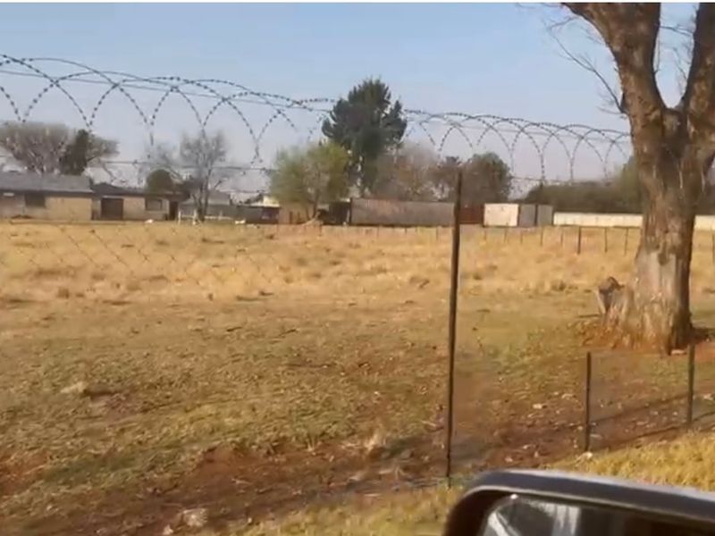 A view of a vacant residential plot featuring dry grass, a mature tree, and perimeter fencing topped with razor wire.