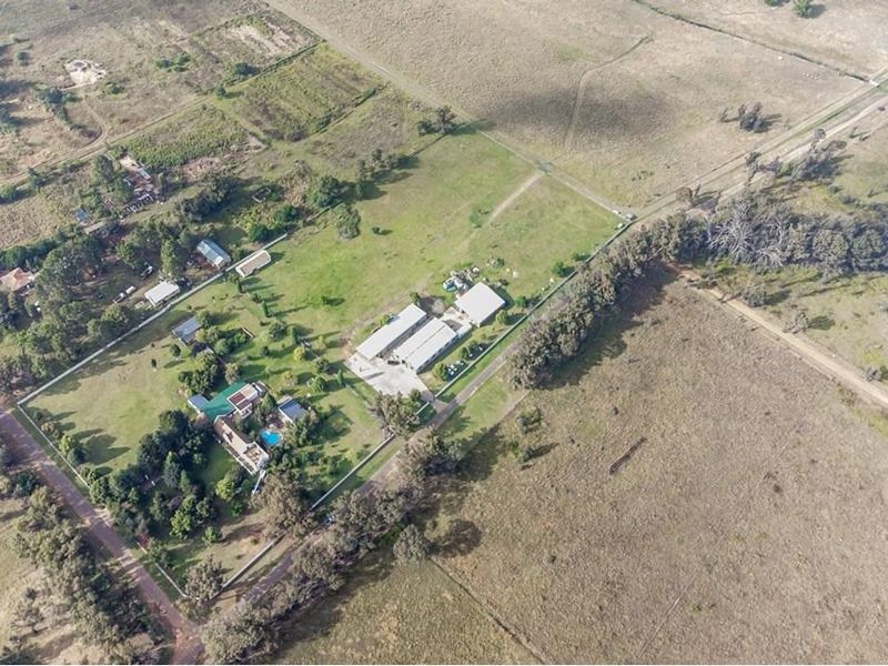 Aerial view of a farm property featuring a main residence, swimming pool, multiple outbuildings, and expansive surrounding land.