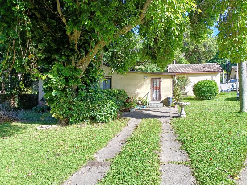 Front view of a single-story brick house featuring a concrete driveway, mature trees, and a security gate entrance.