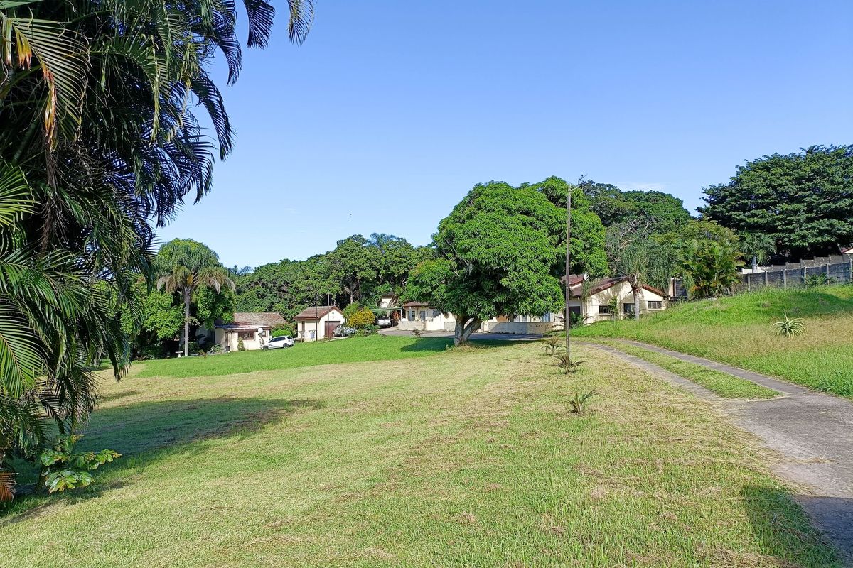 A spacious rear garden area featuring a paved driveway, mature trees, and a view of the property's outbuildings and main residence.