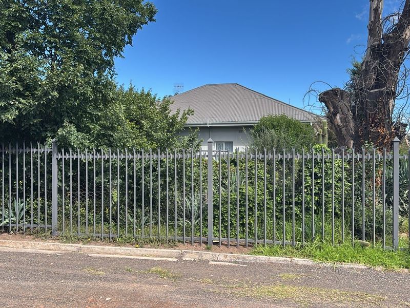 Front view of the property featuring a secure metal spike fence, established garden greenery, and a corrugated metal roof.