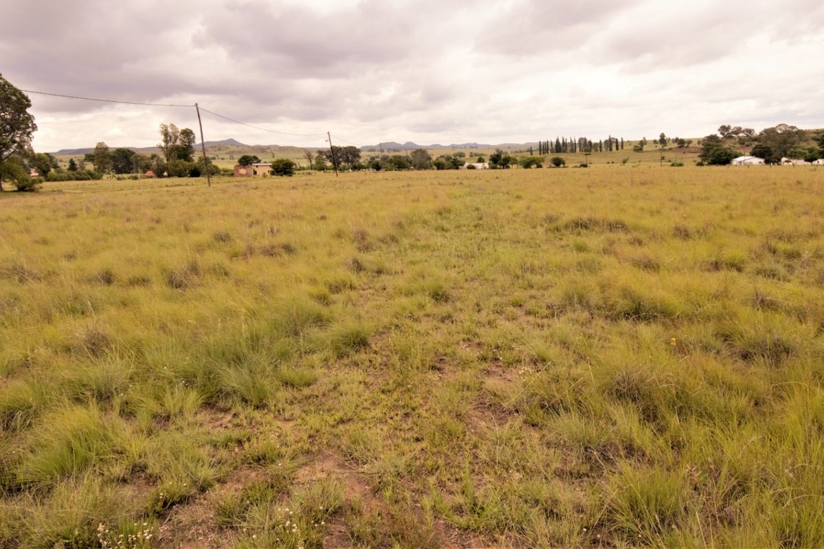 A wide-angle view of a vacant residential plot featuring open grassland and distant rural landscape under a cloudy sky.