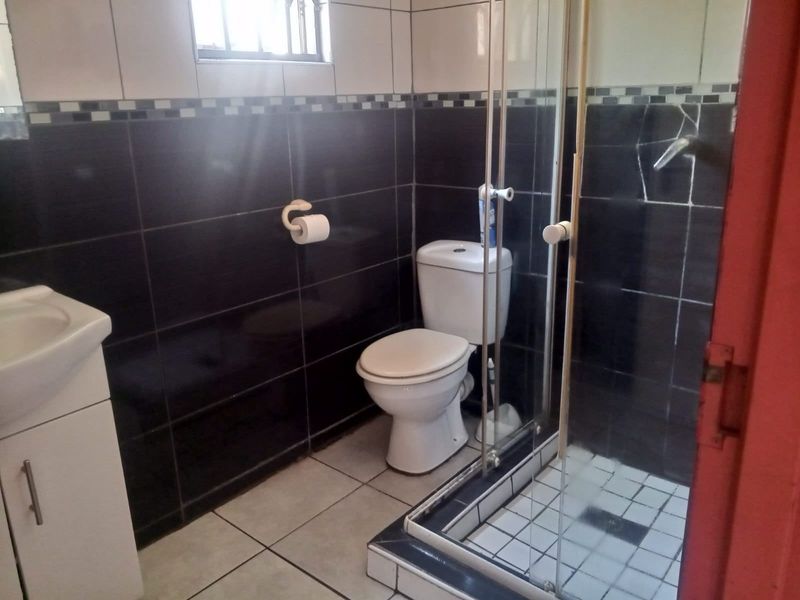 A functional bathroom featuring a vanity cabinet, toilet, and a glass-enclosed shower with dark wall tiling and light floor tiles.
