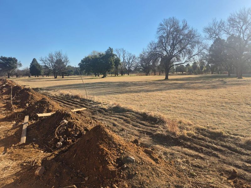 Expansive open garden area featuring mature trees and significant ground disturbance from recent excavation work.