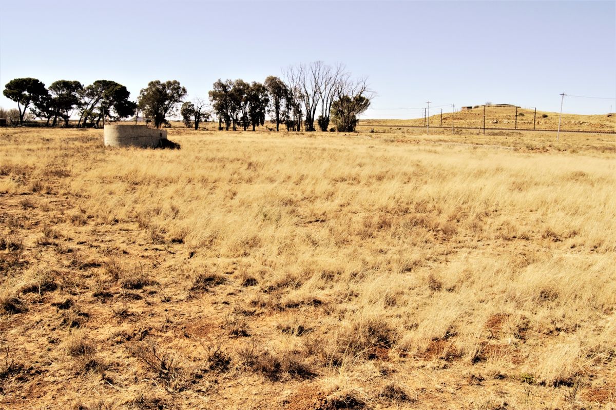 A wide-angle view of a vacant residential plot featuring dry grass, mature trees in the background, and a concrete water storage tank.