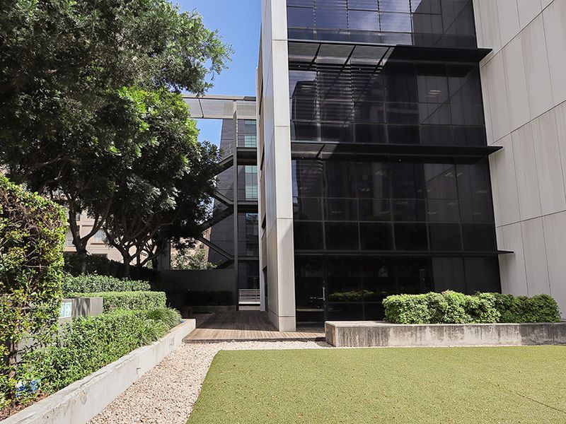 Modern commercial building exterior featuring a glass facade, metal fire escape, timber decking, and landscaped garden area.