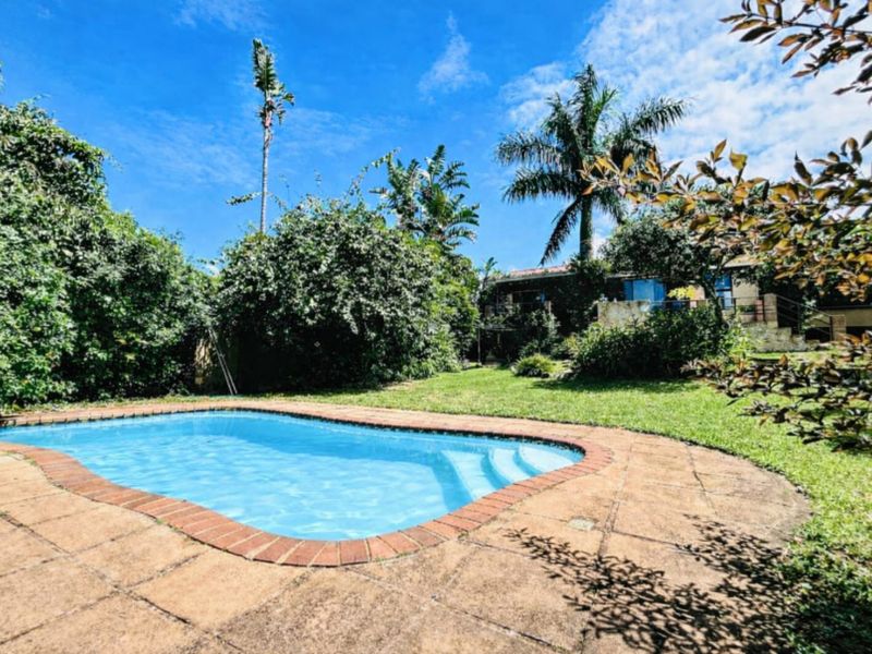 A private backyard featuring a swimming pool with brick coping, surrounded by a lawn and established garden greenery.