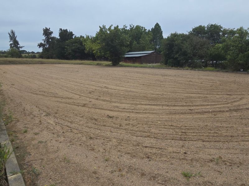 A large, open sand arena or paddock area bordered by concrete curbing, surrounded by mature trees and established farm landscaping.