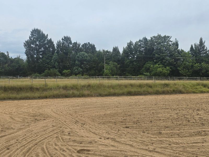 A view of a cleared sandy paddock area on the farm, enclosed by post and rail fencing with mature trees in the background.