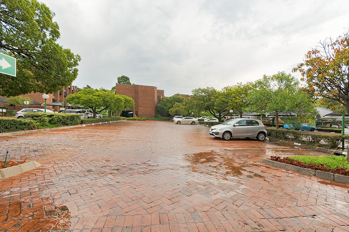 An outdoor commercial parking area featuring brick paving, mature trees, and established landscaping.