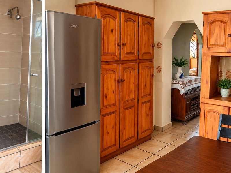 A composite image showing a bathroom with a shower and vanity, alongside a kitchen area featuring wooden cabinetry and tiled finishes.