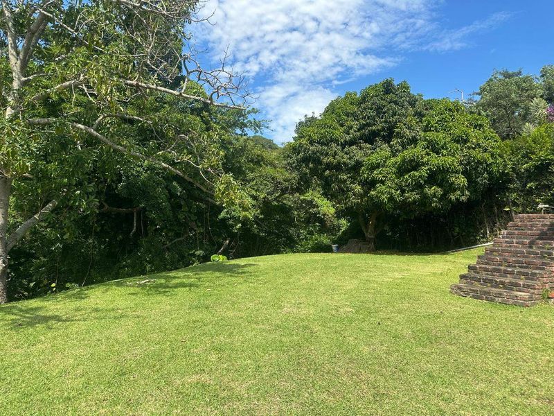 A spacious, well-maintained garden featuring a lush green lawn, mature trees, and brick stairs leading to an elevated area.