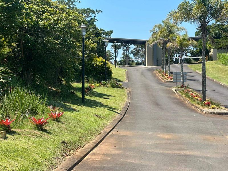 A well-maintained asphalt driveway leading to a secure gated entrance, surrounded by landscaped gardens and mature trees.