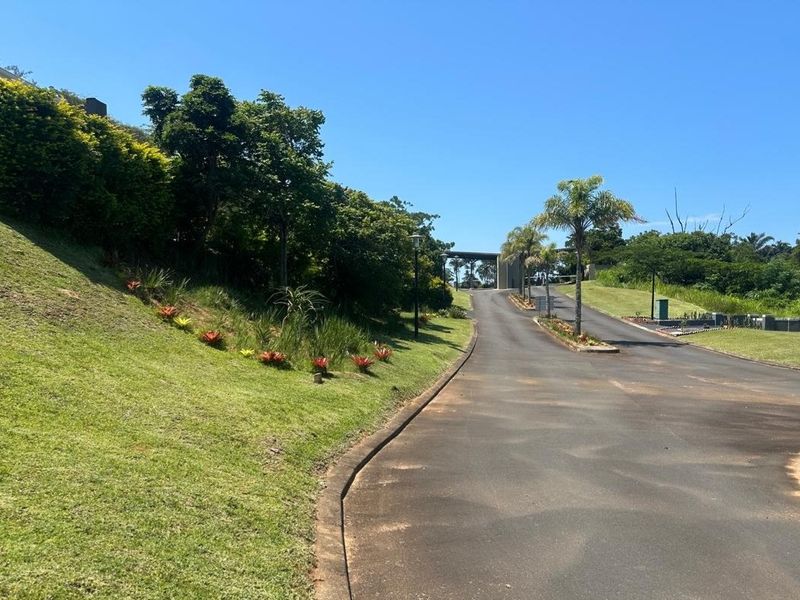 A well-maintained asphalt driveway leading through a landscaped residential estate with manicured lawns and established trees.