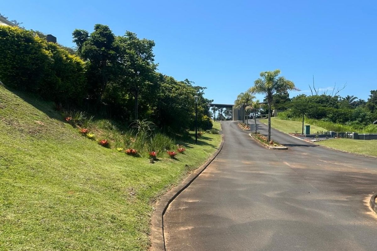 A well-maintained asphalt driveway leading through a landscaped residential estate with manicured lawns and established trees.