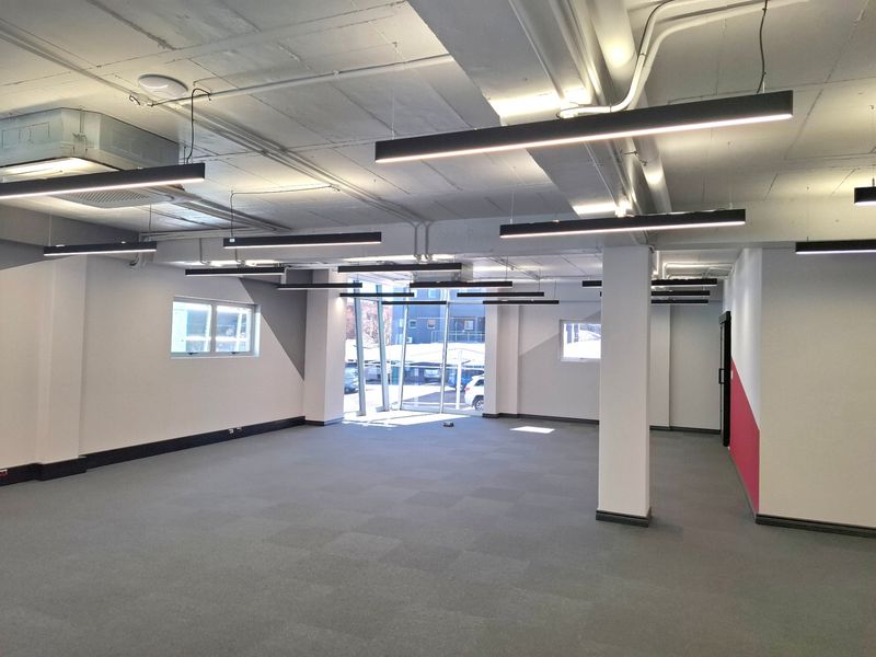 A spacious, modern open-plan commercial office area featuring exposed concrete ceilings, linear pendant lighting, and neutral carpet tiles.