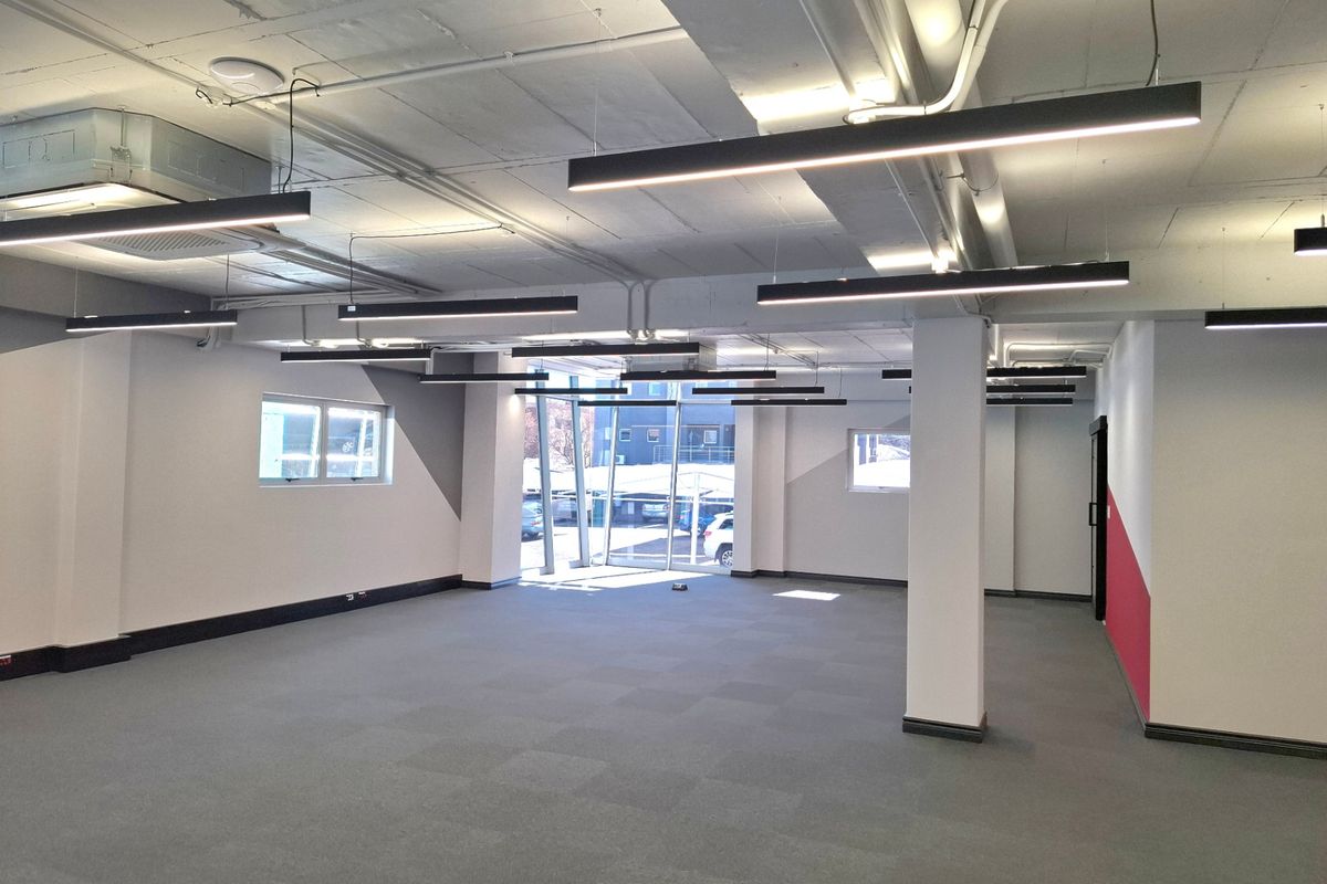 A spacious, modern open-plan commercial office area featuring exposed concrete ceilings, linear pendant lighting, and neutral carpet tiles.
