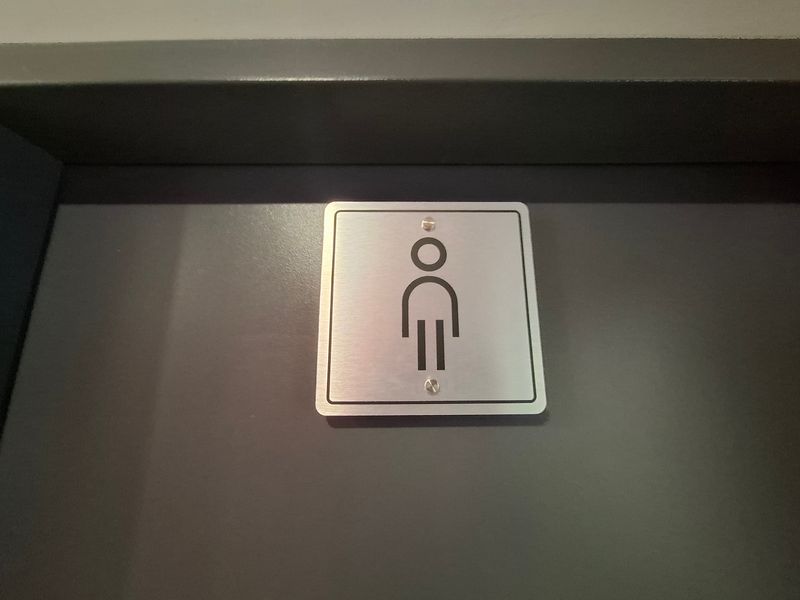 A close-up view of a metal restroom sign mounted on a door.