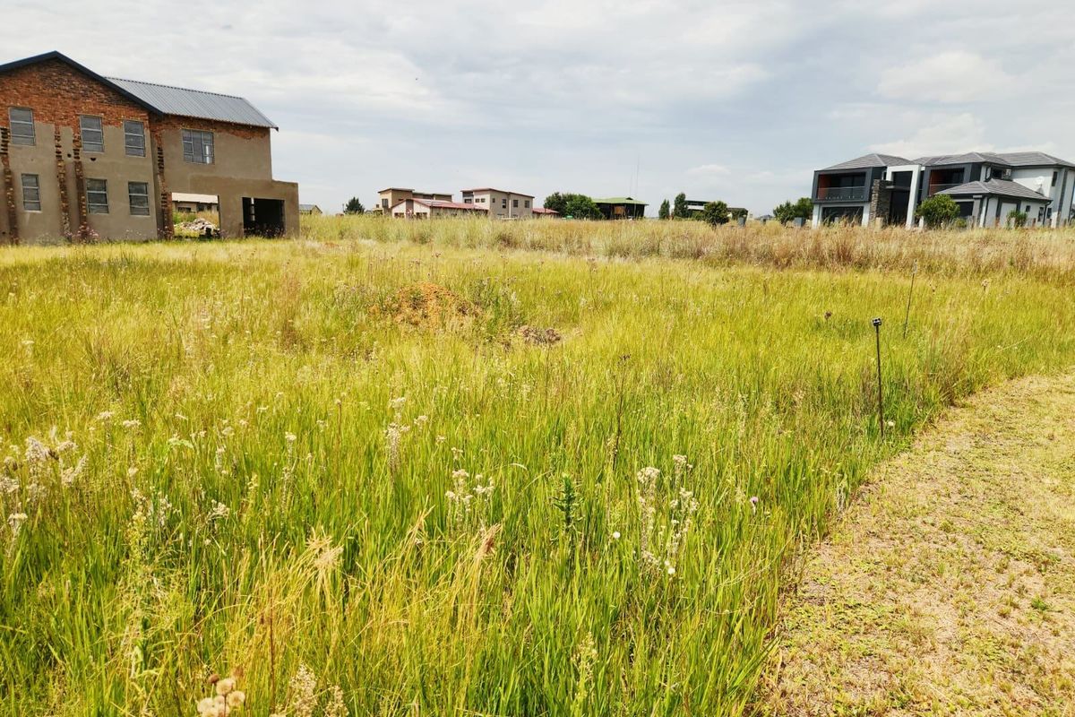 A view of a vacant residential plot featuring tall grass, with neighboring houses visible in the background.