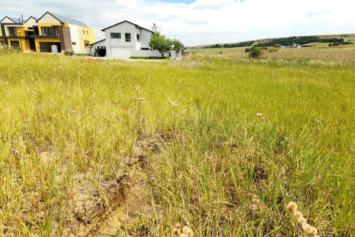 A view of a vacant residential plot featuring natural grassland with neighboring modern homes visible in the background.