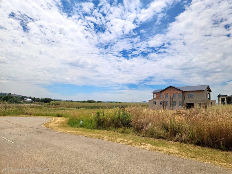 A view of a vacant residential plot featuring an unfinished multi-story structure under construction, surrounded by natural landscape and adjacent to a paved road.