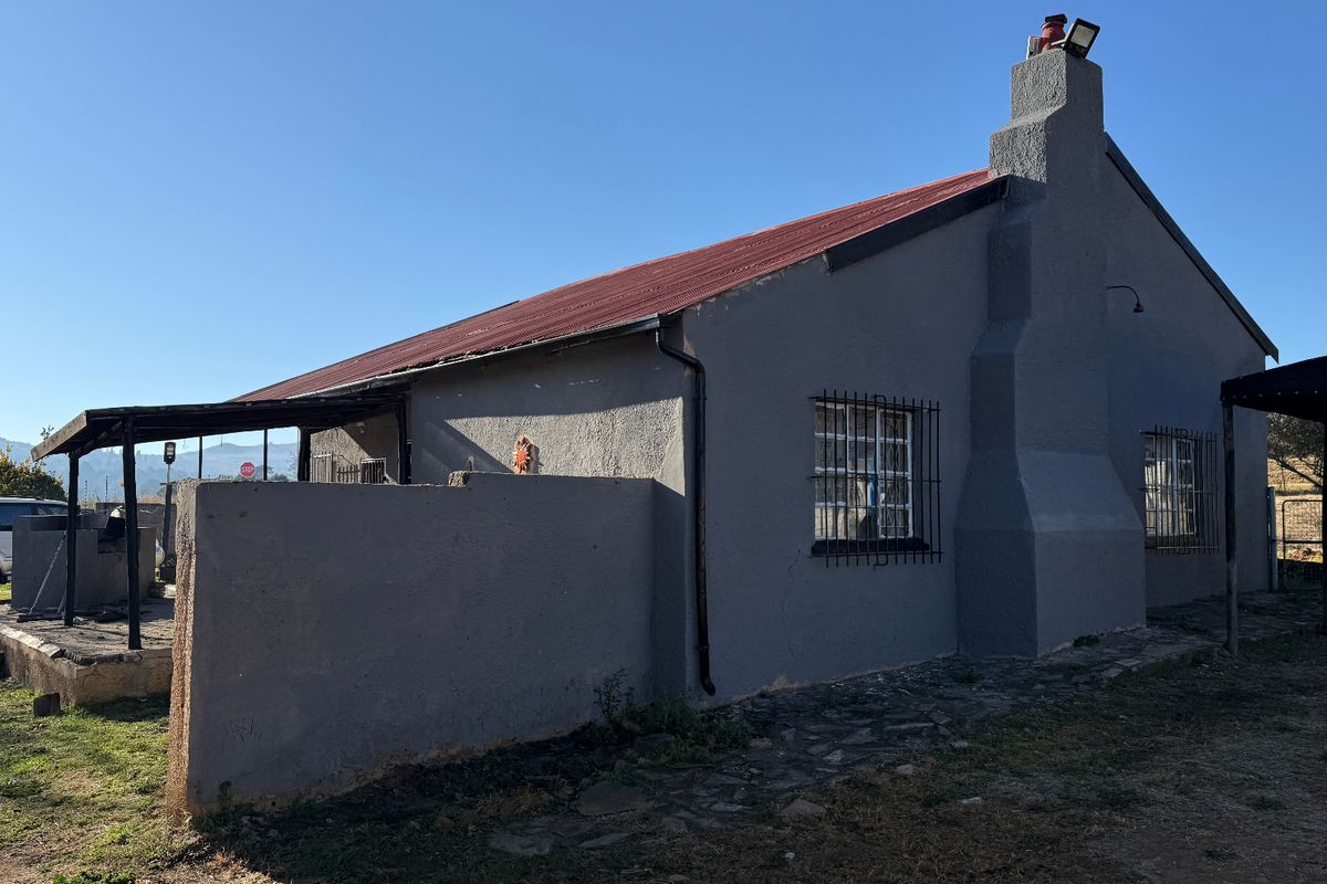 Rear view of a house featuring a corrugated metal roof, masonry chimney, security bars on windows, and a covered patio area with a built-in braai.