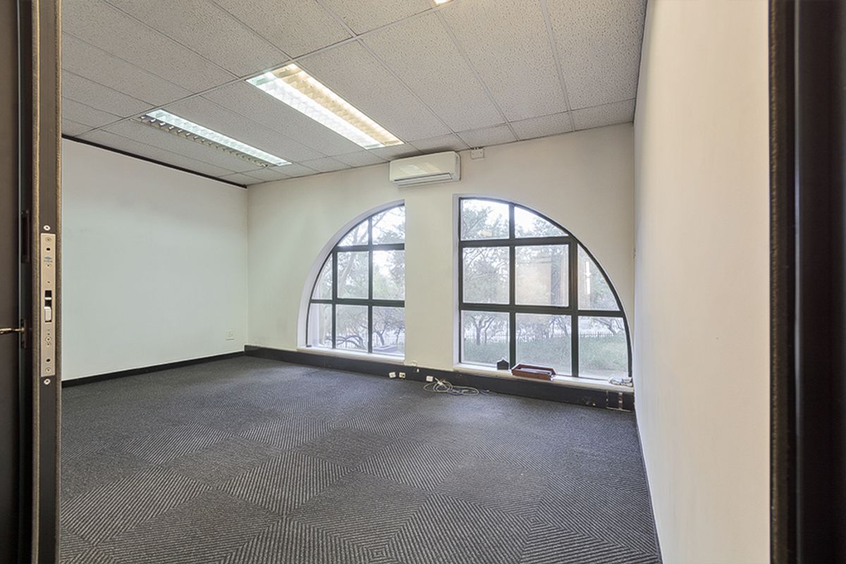 Empty commercial office space featuring arched windows, suspended ceiling with recessed lighting, split-system air conditioning, and dark carpet tiles.