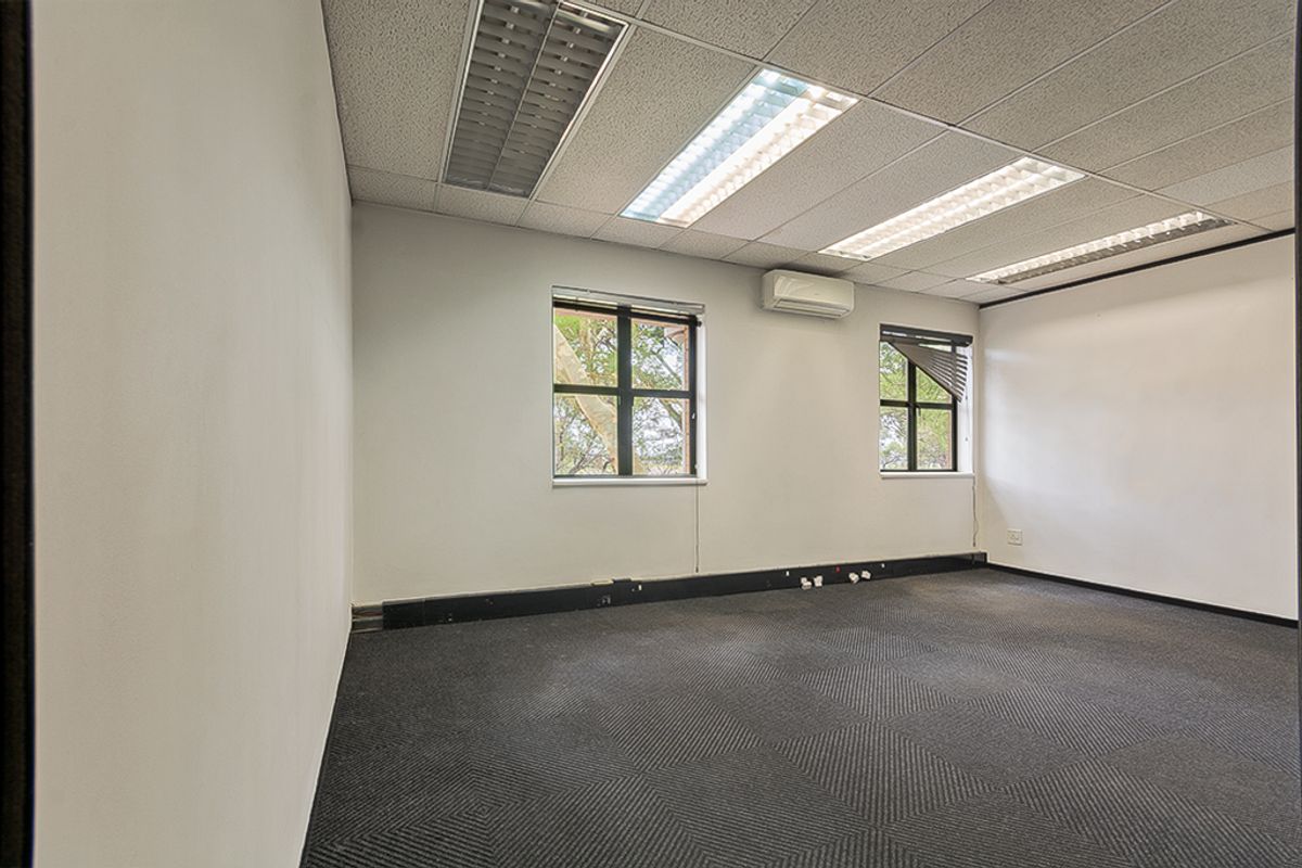 A vacant commercial office space featuring a suspended ceiling, recessed lighting, split-system air conditioning, and dark carpeted flooring.
