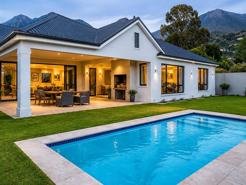 Rear view of a modern residence featuring a covered patio with a built-in braai, overlooking a pristine swimming pool and landscaped garden.