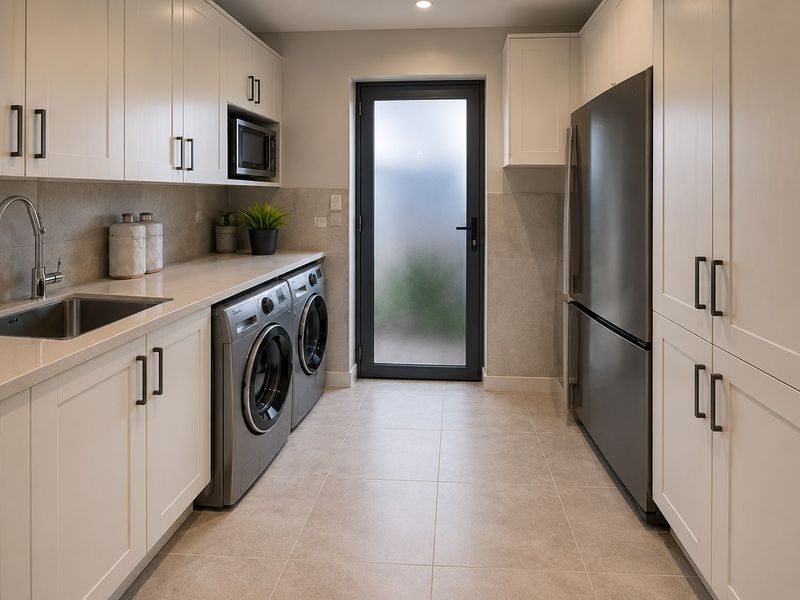 A modern, well-appointed laundry room featuring sleek white cabinetry, stone countertops, an undermount sink, and integrated appliances with direct outdoor access.