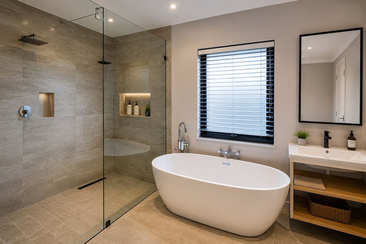 Modern bathroom featuring a sleek freestanding bathtub, a spacious walk-in shower with a recessed niche, and a contemporary vanity unit.