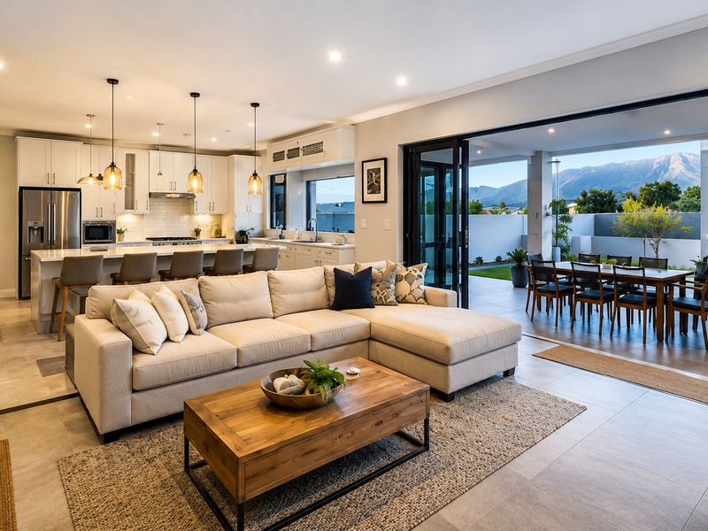 Spacious open-plan living area featuring a modern kitchen, seamless indoor-outdoor flow through sliding doors, and a built-in fireplace with mountain views.