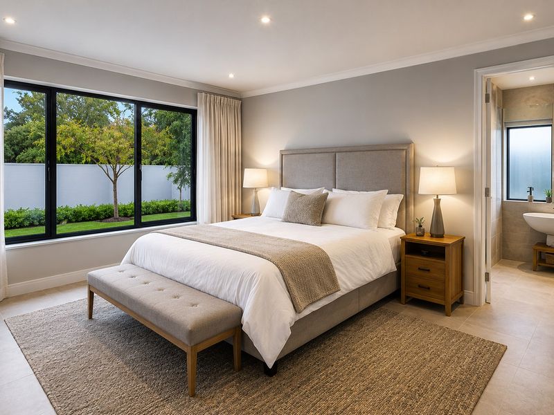 A well-appointed bedroom featuring large black-framed windows, neutral tiled flooring, recessed lighting, and an adjoining en-suite bathroom with a modern pedestal basin.