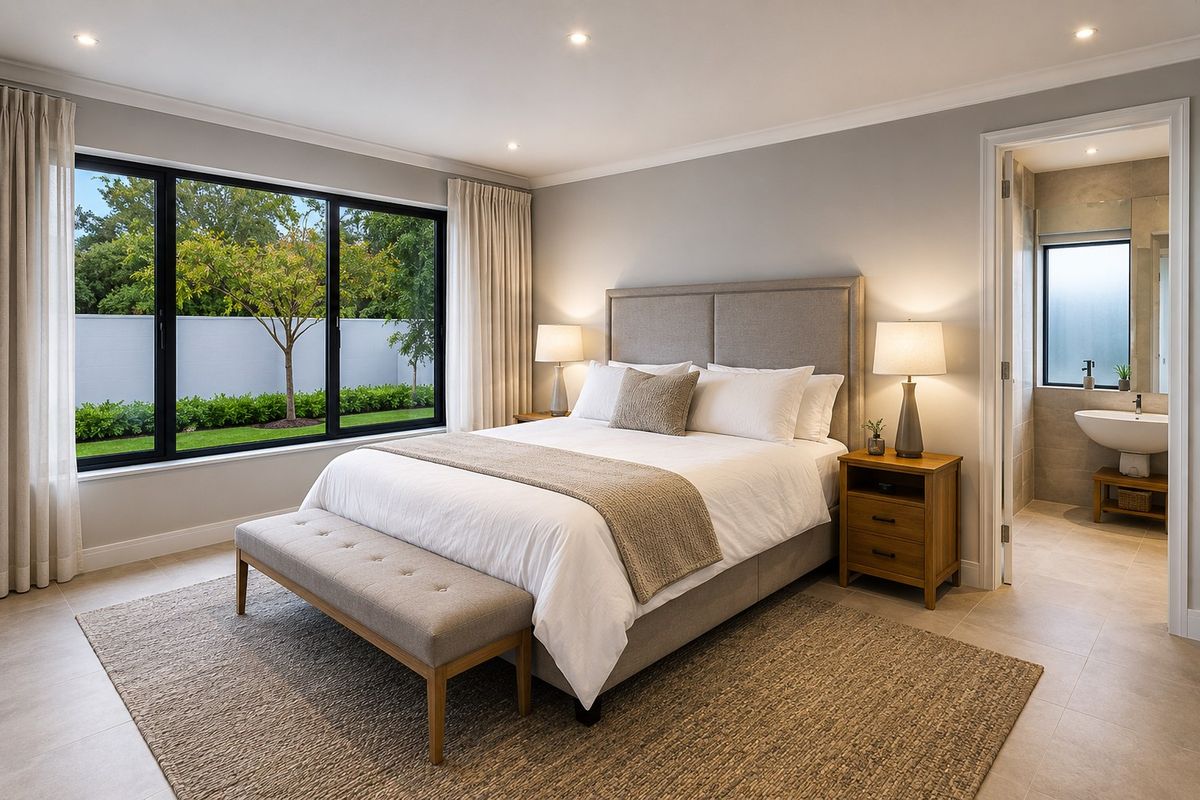 A well-appointed bedroom featuring large black-framed windows, neutral tiled flooring, recessed lighting, and an adjoining en-suite bathroom with a modern pedestal basin.