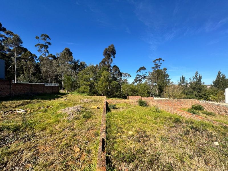 A vacant residential plot featuring existing brick foundation walls and perimeter boundary fencing, surrounded by established trees.