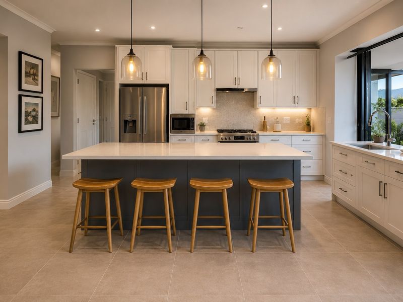 Modern, high-end kitchen featuring a large central island, quartz countertops, premium stainless steel appliances, and elegant pendant lighting.