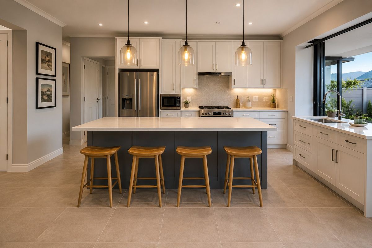 Modern, high-end kitchen featuring a large central island, quartz countertops, premium stainless steel appliances, and elegant pendant lighting.