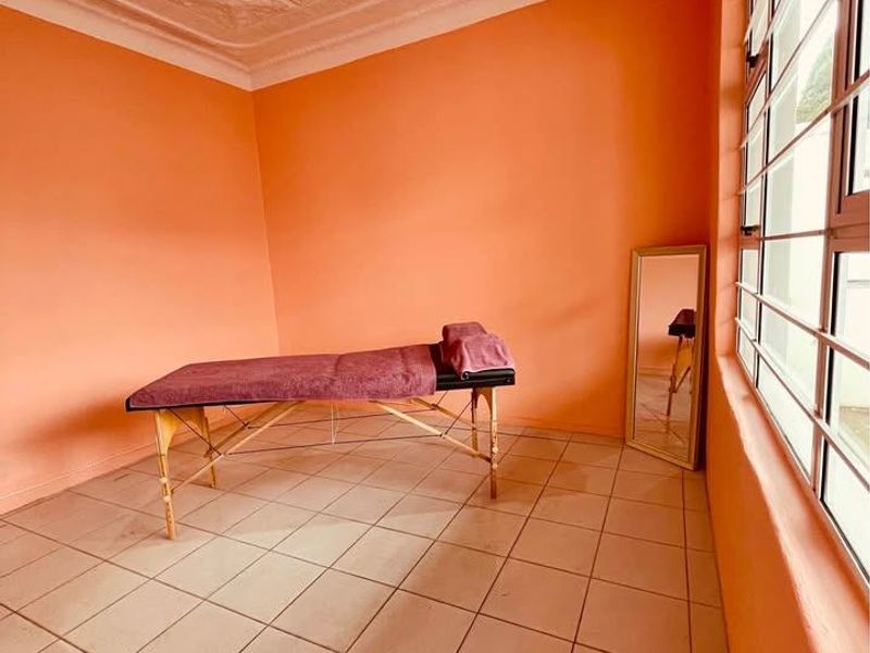 A spacious room featuring an ornate ceiling rose, tiled flooring, and large windows, offering a blank canvas for a bedroom or home office.