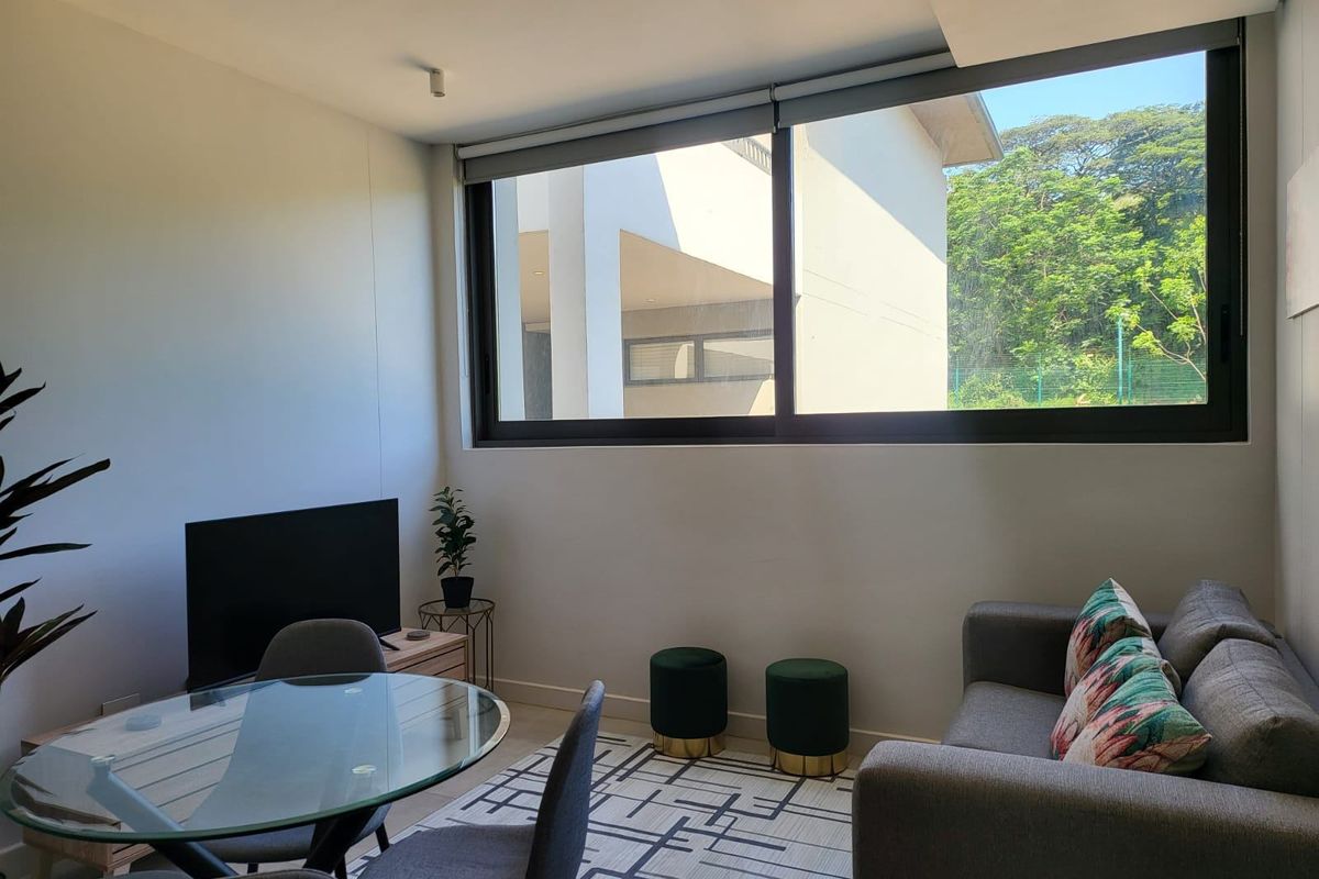 A bright and modern living area featuring large windows with roller blinds and recessed downlighting, offering a clean and contemporary aesthetic.