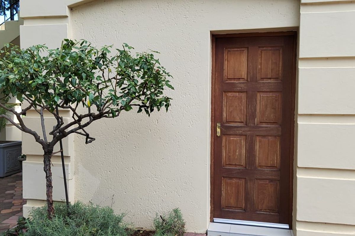 A well-maintained exterior rear courtyard area featuring a solid timber panel door and textured wall finish.