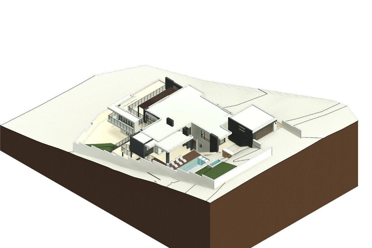 An aerial 3D architectural rendering of a modern residential property featuring a swimming pool, patio area, and integrated garage.