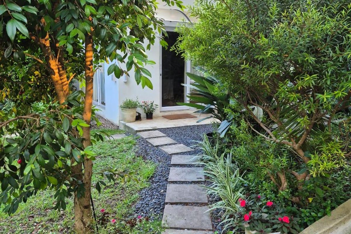 A rear garden view featuring a stone paver pathway leading to a patio entrance, surrounded by established trees and landscaped garden beds.