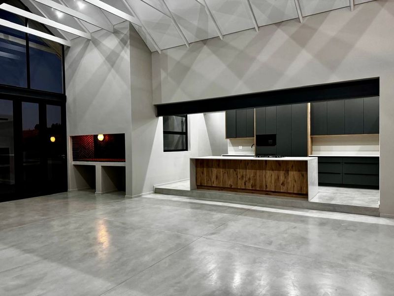Modern open-plan living area featuring a sleek kitchen with island, polished concrete floors, vaulted ceilings, and a built-in indoor braai area.