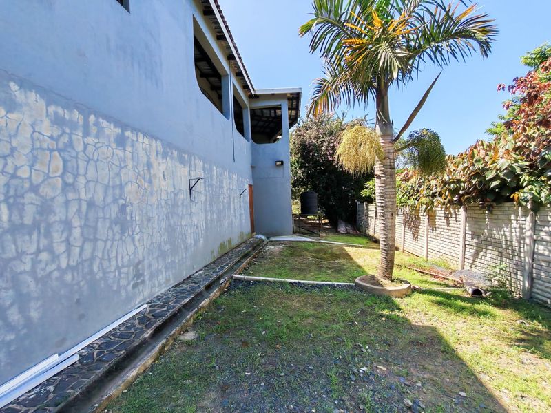 Rear exterior view of the commercial property featuring a lawn area, brick boundary wall, and a stone-lined drainage channel along the building facade.