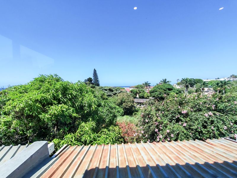 An elevated view overlooking lush greenery and residential surroundings, featuring a corrugated metal roof in the foreground showing signs of weathering.
