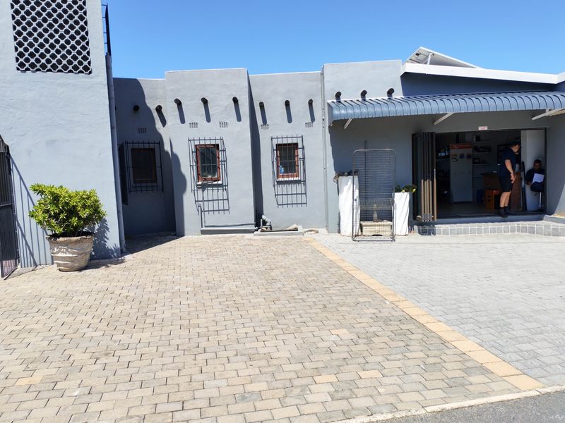 Rear exterior view of a commercial property featuring a paved courtyard, security-fitted windows, and a covered entrance area.