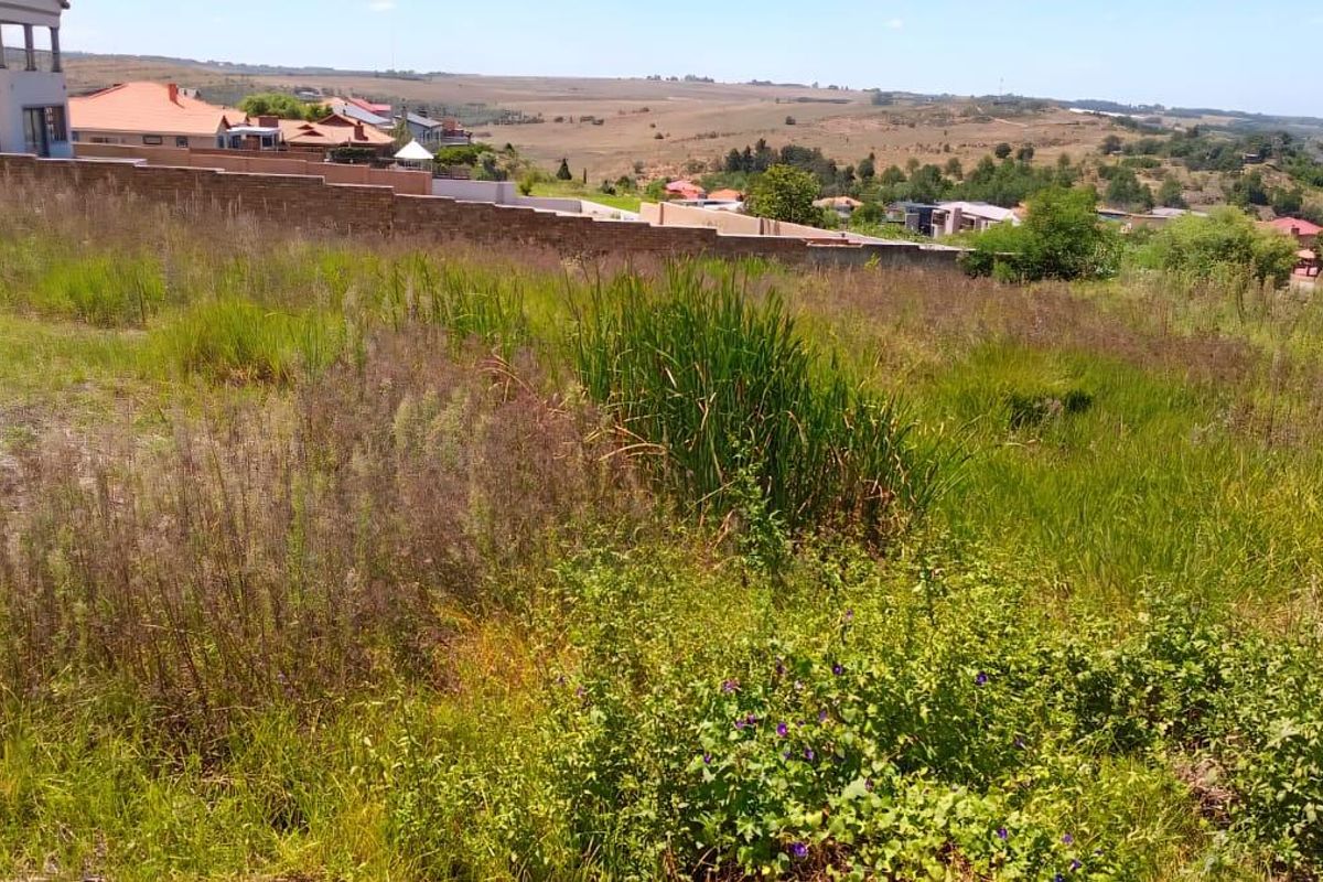 A vacant residential plot featuring natural vegetation and a perimeter boundary wall, offering expansive views of the surrounding landscape and neighborhood.
