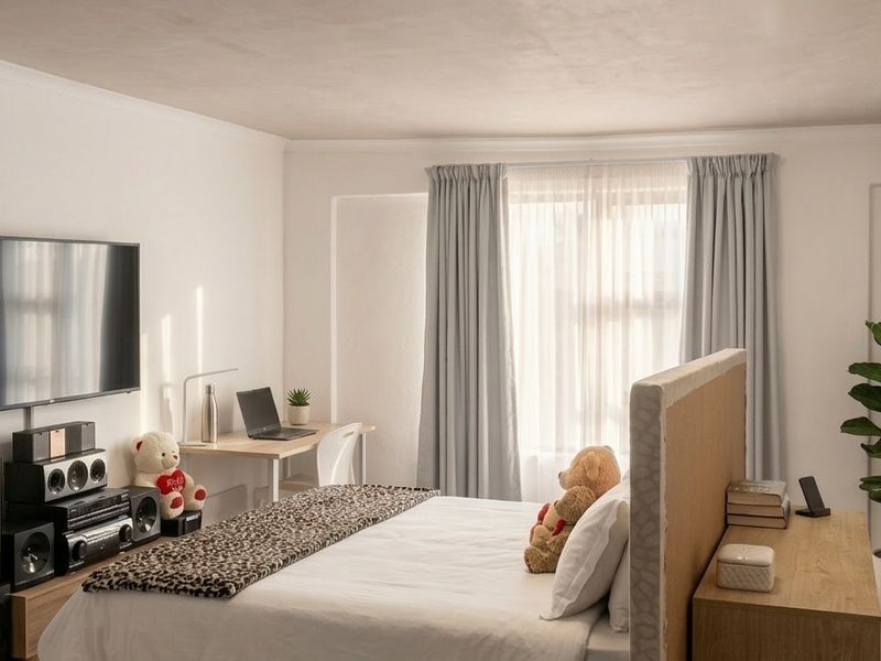 A well-maintained bedroom featuring built-in wardrobes, neutral finishes, and ample natural light through the window.