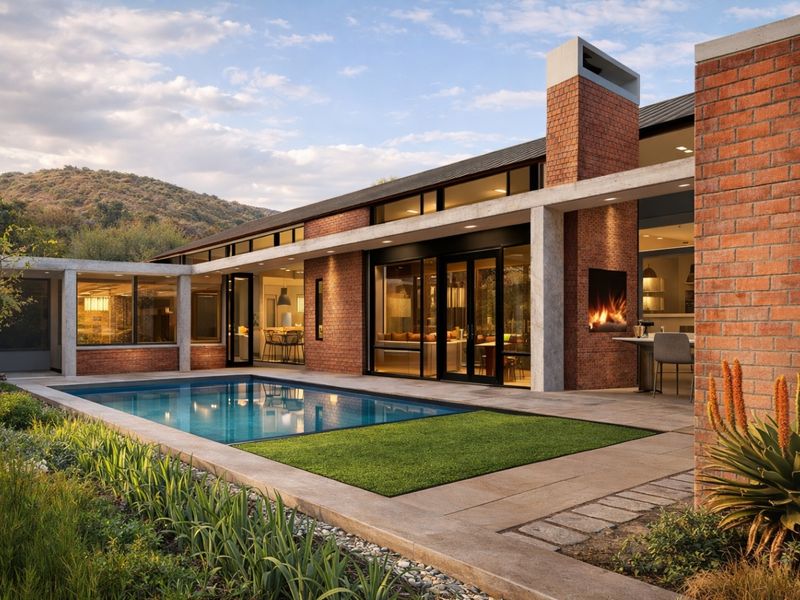 Modern architectural home featuring a seamless indoor-outdoor flow, a private swimming pool, and a built-in outdoor fireplace set against a scenic landscape.