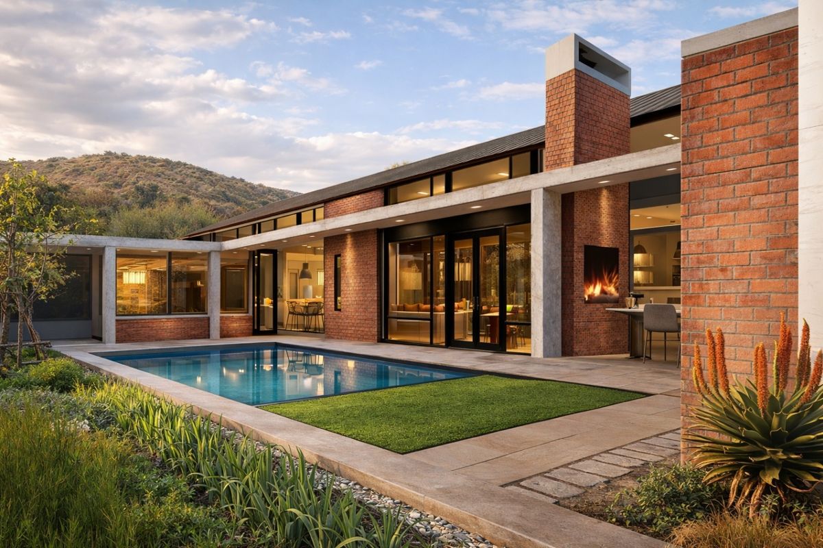 Modern architectural home featuring a seamless indoor-outdoor flow, a private swimming pool, and a built-in outdoor fireplace set against a scenic landscape.
